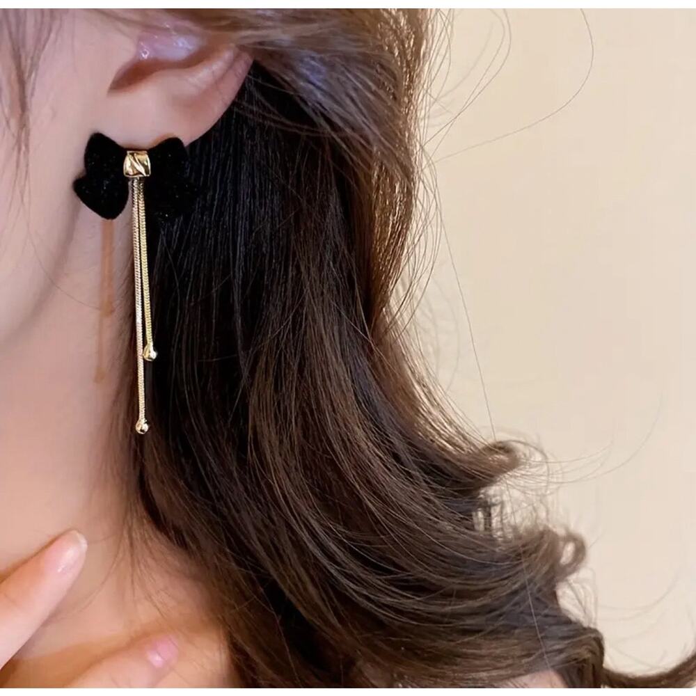 Black Flocked Bowknot Tassel Design Elegant Dangle Earrings, Perfect Casual Gift